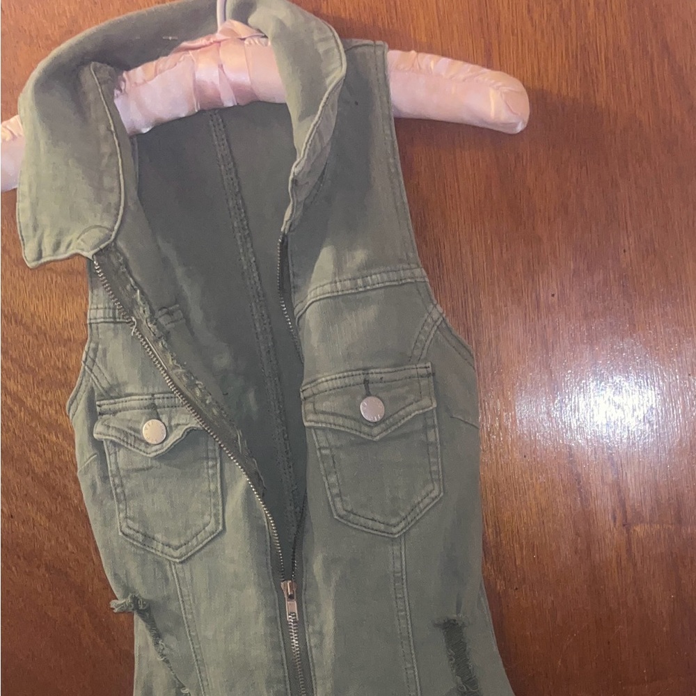Green Sleeveless Denim Jumpsuit with Zipper